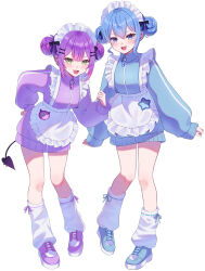2girls absurdres alternate_costume apron asymmetrical_sidelocks blue_eyes blue_hair blue_jacket blue_shoes center-flap_bangs character_name colored_shoe_soles commentary_request demon_girl demon_tail double-parted_bangs earrings frilled_apron frills full_body gradient_hair green_eyes hair_between_eyes hair_bun hand_on_own_hip hand_up highres hololive hoshimachi_suisei jacket jersey_maid jewelry leg_warmers looking_at_viewer maid maid_apron maid_headdress multicolored_hair multiple_girls nametakeko no_pants open_mouth pink_hair pink_shoes pointy_ears purple_hair shoes short_hair simple_background sleeves_past_wrists sneakers spiked_ear_piercing star_(symbol) star_in_eye symbol_in_eye tail tokoyami_towa track_jacket unconventional_maid virtual_youtuber white_apron white_background white_leg_warmers