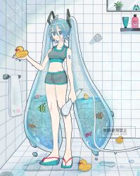 1girl angelfish blue_eyes blue_hair clownfish commentary_request fish flip-flops frutiger_aero hatsune_miku highres holding holding_shower_head liquid_hair long_hair midriff minazuki_(minaduki_0318) rubber_duck sandals shorts shower_(place) shower_head smile solo sports_bra standing towel translucent_hair tropical_fish twintails very_long_hair vocaloid water