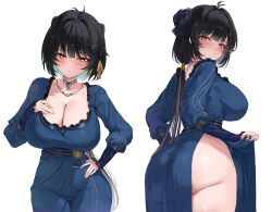 1girl =_hair_ornament absurdres alternate_costume antenna_hair ass black_bow black_hair blue_dress blush bow breasts cleavage closed_mouth collarbone colored_inner_hair dress earrings female_rover_(wuthering_waves) hair_bow hair_ribbon hand_up heart highres jewelry large_breasts long_dress long_hair looking_at_viewer low_ponytail maoza1 multicolored_hair multiple_views necklace no_panties parted_lips ponytail ribbon rover_(wuthering_waves) simple_background triangle_earrings very_long_hair white_background white_hair wuthering_waves yellow_eyes yellow_ribbon