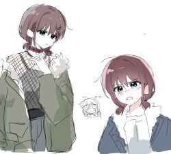 1girl blue_eyes blue_jacket blush collar commentary_request fishnet_top fishnets girls_band_cry green_jacket i2727272727 iseri_nina jacket korean_commentary long_hair multiple_views open_mouth red_collar red_hair shirt short_twintails simple_background tears twintails white_background white_shirt