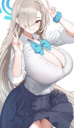 1girl absurdres asuna_(blue_archive) asuna_(school_uniform)_(blue_archive) blonde_hair blue_archive blue_halo blue_scrunchie blue_skirt breasts cleavage cowboy_shot double_v gigantic_breasts grin hair_over_one_eye halo highres long_hair mole mole_on_breast nail_polish one_eye_covered pleated_skirt school_uniform scrunchie shirt simple_background skirt smile solo takeda_yousuke teeth thighs v very_long_hair white_background white_shirt wrist_scrunchie