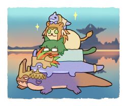 1girl 4boys 50qianmi animalization brother_and_sister brothers brown_hair cat crown family father_and_daughter father_and_son final_fantasy final_fantasy_xiv glasses green_eyes gulool_ja gulool_ja_ja headdress horns koana_(ff14) lizard lying_on_animal multiple_boys multiple_heads opaque_glasses siblings single_horn tail tail_ornament tail_ring wuk_lamat zoraal_ja