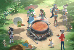 3boys 3girls ^_^ allister_(pokemon) apron barefoot bea_(pokemon) black_hair blue_eyes blue_hair brown_hair cardigan closed_eyes creatures_(company) curry curry_rice dark-skinned_female dark_skin day drednaw earrings eating eldegoss facing_away food forgotten_artist from_above game_freak gameplay_mechanics gen_2_pokemon gen_3_pokemon gen_7_pokemon gen_8_pokemon gloria_(pokemon) gloves grass green_headwear grey_cardigan grookey gym_leader hairband hat hitmontop hoop_earrings jewelry knee_pads long_hair long_sleeves looking_at_another midriff milo_(pokemon) mimikyu multicolored_hair multiple_boys multiple_girls nessa_(pokemon) nintendo open_mouth orange_hair outdoors pants plate poke_ball poke_ball_(basic) pokemon pokemon_(creature) pokemon_swsh pot rice scorbunny shoes short_hair short_shorts short_sleeves shorts smile sneakers standing steam sun_hat tam_o&#039;_shanter tree two-tone_hair very_long_hair victor_(pokemon) white_footwear