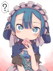 1boy ? blue_eyes blue_hair blush condom condom_in_mouth condom_wrapper highres holding looking_at_viewer made_in_abyss male_focus maruruk mouth_hold rubber_day short_hair short_sleeves solo speech_bubble spoken_question_mark trap whistle ximu_shilang