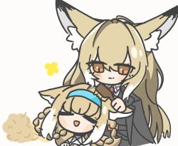2girls :d animal_ear_fluff animal_ears animated animated_gif arknights banbon black_jacket blinking blonde_hair blue_hairband brushing_another&#039;s_hair brushing_hair chibi chibi_only closed_eyes closed_mouth comb commentary_request eyes_visible_through_hair hair_between_eyes hairband holding holding_comb jacket korean_commentary long_hair looking_at_another mother_and_daughter multicolored_hair multiple_girls necktie no_nose open_mouth orange_eyes red_necktie simple_background smile split_mouth streaked_hair suzuran_(arknights) vulpisfoglia_(arknights) white_background white_hair