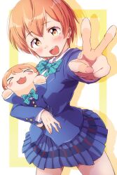 &gt;_&lt; 1girl blazer blue_bow blue_bowtie blue_jacket blue_skirt blush bow bowtie character_doll cowboy_shot doll drop_shadow fingernails foreshortening highres holding holding_doll hoshizora_rin jacket long_sleeves looking_at_viewer love_live! love_live!_school_idol_project nesoberi open_mouth orange_hair otonokizaka_school_uniform outstretched_arm pleated_skirt school_uniform sen_(sen0910) short_hair skirt smile solo striped_bow striped_bowtie striped_clothes teeth upper_teeth_only v winter_uniform yellow_eyes
