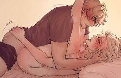2boys ^^^ alhaitham_(genshin_impact) anal bed blush breath commentary completely_nude eye_contact eyelashes genshin_impact hand_on_another&#039;s_ass hand_on_another&#039;s_head highres kaveh_(genshin_impact) legs_up looking_at_another lying male_focus male_penetrated male_underwear male_underwear_pull motion_lines multiple_boys nipples nude on_back open_mouth pectorals pillow sex shirt short_hair short_sleeves steffiepoo t-shirt teeth trembling underwear upper_teeth_only wavy_hair yaoi