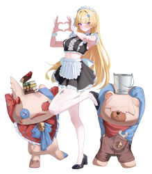 1girl alternate_costume apron black_shirt black_shoes black_skirt blonde_hair blush breasts bucket closed_mouth commentary crop_top enmaided four-finger_heart_hands full_body hair_ornament heart heart_hands highres long_hair looking_at_viewer maid maid_headdress medium_breasts midriff_peek pantyhose phoebe_(wuthering_waves) purple_eyes shirt shoes simple_background skirt solo standing standing_on_one_leg starblue symbol-only_commentary tacet_discord_(wuthering_waves) tacet_mark_(wuthering_waves) very_long_hair waist_apron white_background white_pantyhose white_wrist_cuffs wrist_cuffs wuthering_waves x_hair_ornament