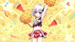 :o arm_up armpits belt bike_shorts black_shorts blue_eyes blush breasts cheerleader cleavage collarbone confetti cowboy_shot crop_top film_grain game_cg hair_bun hair_ornament hand_up izumi_tsubasu looking_at_viewer megaphone midriff miniskirt navel nishidate_haku non-web_source official_art open_mouth plaid_clothes plaid_skirt pom_pom_(cheerleading) re:stage! red_skirt short_hair shorts shorts_under_skirt single_side_bun skirt small_breasts star_(symbol) star_hair_ornament star_symbol_background streamers white_belt white_hair white_skirt yellow_background