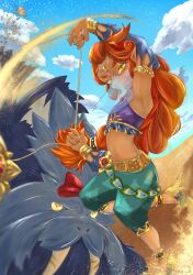 2girls absurdres alternate_costume armlet blue_lips blue_nails bow bracelet braid bridal_gauntlets circlet cloud crop_top dark-skinned_female dark_skin desert detached_sleeves gerudo gerudo_set_(zelda) green_eyes highres holding holding_reins jewelry lipstick long_hair looking_at_viewer makeup midriff mouth_veil multiple_girls navel ni_yo24 nintendo patricia_(zelda) pointy_ears red_bow red_hair reins riju sand sand_seal_(zelda) smile the_legend_of_zelda the_legend_of_zelda:_breath_of_the_wild thick_eyebrows tusks veil yellow_eyes