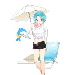 1girl black_pants blue_hair chair dolphin merueto orange_eyes pants parasol sapphire_(uchihime) shirt shorts uchi_no_hime-sama_ga_ichiban_kawaii umbrella white_shirt