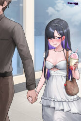 Rule 34 | 1boy, 1girl, alternate costume, artist name, bag, black hair, blush, breasts, commander (nikke), drink, embarrassed, eunhwa (nikke), eunhwa (tactical upgrade) (day off) (nikke), eunhwa (tactical upgrade) (nikke), goddess of victory: nikke, handbag, holding, holding drink, holding hands, long hair, looking down, medium breasts, multicolored hair, noorung, official alternate costume, purple eyes, purple hair, short hair, two-tone hair, very long hair