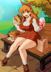 1girl absurdres bacon bench blush bow_hairband burger cheese commission dress drinking_straw earrings food freckles french_fries hairband highres holding holding_food jewelry long_hair looking_at_viewer milkshake open_mouth orange_hair original outdoors pinafore_dress plaid_clothes plaid_dress red_dress red_eyes red_nails ribbed_sweater sanjiro_(tenshin_anman) shoes sitting skeb_commission sleeveless sleeveless_dress socks solo sweater turtleneck turtleneck_sweater
