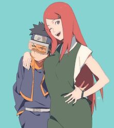 1boy 1girl artist_request black_eyes black_hair bracelet child closed_mouth forehead_protector goggles hair_ornament hairclip hand_in_pocket hand_on_own_hip jewelry konohagakure_symbol long_hair long_sleeves looking_at_viewer naruto_(classic) naruto_(series) ninja one_eye_closed open_mouth red_hair short_hair simple_background sleeveless smile spiked_hair third-party_source uchiha_obito uzumaki_kushina v