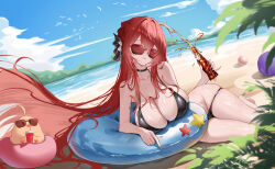 1girl absurdres azur_lane ball bare_shoulders beach beachball bikini black_bikini black_choker blue_sky bottle breasts choker cleavage cola collarbone commentary cushion day dutch_angle fingernails floating_hair groin hair_between_eyes hair_ornament hair_spread_out highres holding holding_bottle large_breasts long_fingernails long_hair looking_at_viewer lying manjuu_(azur_lane) monarch_(azur_lane) monarch_(sovereign_of_the_beach)_(azur_lane) nail_polish official_alternate_costume on_side outdoors pink_eyes plant red_hair red_nails round_eyewear sidelocks sky soda soda_bottle solo sunglasses swim_ring swimsuit thighs tinted_eyewear user_vnea4558 very_long_hair wet