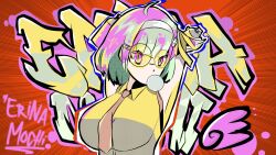 1girl ahoge arms_behind_head ben-day_dots black-framed_eyewear breasts can character_name chewing_gum collared_shirt commentary commentary_request emphasis_lines english_commentary erinamochi graffiti green_hair hair_ornament hairband highres holding holding_can indie_virtual_youtuber indonesian_commentary looking_at_viewer necktie outline pop_art purple_outline red_background red_necktie screentones second-party_source shirt short_hair sleeveless sleeveless_shirt solo spray_can tinted_eyewear vigitrick virtual_youtuber white_hairband wing_collar wing_hair_ornament yellow-tinted_eyewear yellow_shirt yellow_text