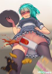 1girl apron aqua_hair aqua_nails blurry breasts convenient_censoring covered_erect_nipples fingernails glaring highres kuso_otoko long_fingernails looking_at_viewer maid maid_apron maid_headdress mcdonald&#039;s medium_breasts motion_blur nail_polish no_panties original piercing pov pussy pussy_peek scowl shaded_face sharp_teeth teeth thighhighs uragoner wcdonald&#039;s