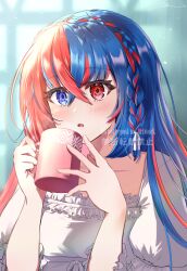 1girl absurdres blue_hair braid crossed_bangs crown_braid cup female_alear_(fire_emblem) fire_emblem fire_emblem_engage heterochromia highres holding holding_cup jin_(funaki_gen) looking_at_viewer mug multicolored_hair nintendo red_hair solo split-color_hair two-tone_hair