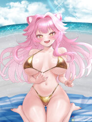1girl animal_ears bare_shoulders beach bikini blush breasts cloud cloudy_sky collarbone commentary day english_commentary fang hair_intakes highres hiroshi_shin hololive hololive_english kneeling large_breasts long_hair looking_at_viewer mixed-language_commentary multicolored_hair navel ocean open_mouth outdoors panther_ears panther_girl pink_hair raora_panthera sand skin_fang sky smile solo stomach strap_pull streaked_hair swimsuit thighs v virtual_youtuber yellow_bikini yellow_eyes