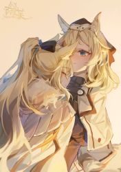 2girls absurdres animal_ears arknights artist_logo artist_name aunt_and_niece black_bow black_headwear black_shirt blemishine_(arknights) blue_eyes blush bow cape chinese_commentary closed_eyes commentary_request hair_bow hat hidden_face highres horse_ears hug incest logo long_hair looking_at_another moyu_marginal multiple_girls ponytail shirt simple_background thick_eyebrows upper_body whislash_(arknights) white_cape yellow_background yuri