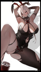 1girl absurdres alternate_costume animal_ears arlecchino_(genshin_impact) armpits arms_up bare_shoulders black_eyes black_hair black_leotard black_pantyhose breasts chinese_commentary cleavage clothing_cutout commentary_request detached_collar fake_animal_ears feet_out_of_frame genshin_impact hair_between_eyes highres huge_breasts i_am_not_a_cat jewelry leotard long_hair looking_at_viewer multicolored_hair multiple_rings navel navel_cutout pantyhose playboy_bunny rabbit_ears red_pupils ring shadow simple_background solo spread_legs strapless strapless_leotard streaked_hair symbol-shaped_pupils two-tone_hair white_background white_hair x-shaped_pupils