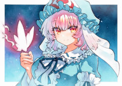 1girl blue_background blue_kimono blush breasts bug butterfly frills hair_between_eyes hat highres insect japanese_clothes kimono large_breasts long_sleeves looking_at_viewer medium_hair pink_eyes pink_hair puffy_sleeves rinka_(qqqrinkappp) saigyouji_yuyuko smile solo touhou upper_body veil
