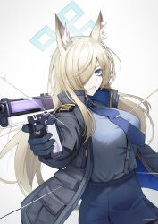 1girl aiming aiming_at_viewer animal_ears black_pantyhose blonde_hair blue_archive blue_eyes blue_halo blue_jacket blue_necktie blue_shirt blue_skirt breasts dog_ears funky_dea1er glock gun hair_over_one_eye halo handgun highres holding holding_gun holding_weapon jacket kanna_(blue_archive) large_breasts long_hair necktie one_eye_covered pantyhose shirt skirt solo weapon