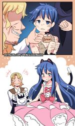 2boys 2koma animal_ears bare_arms bell blonde_hair blue_eyes blue_hair blush bound bound_wrists cat_ears cat_tail comic crossdressing dress empty_eyes facial_hair fake_animal_ears frilled_dress frills good_end grin hand_on_another&#039;s_chin highres hinghoi jingle_bell long_hair male_focus multiple_boys mustache original pink_dress price_tag short_hair slave smile tail tail_ornament trap