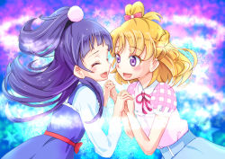 Rule 34 | 2girls, :d, ^ ^, asahina mirai, blonde hair, blush, closed eyes, holding hands, interlocked fingers, izayoi liko, long hair, looking at another, mahou girls precure!, multiple girls, open mouth, out (outsider), precure, purple eyes, purple hair, riko (mahou girls precure!), short hair, smile, yuri