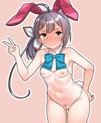 Rule 34 | 1girl, absurdres, alternate costume, animal ear hairband, animal ears, black hair, blue bow, blue bowtie, blush, bow, bowtie, commentary request, detached collar, embarrassed, fake animal ears, fake tail, female pubic hair, fujinami (kancolle), full-face blush, furaggu (frag 0416), gluteal fold, hair bow, hairband, hand on own hip, hand up, highres, kantai collection, leotard, looking at viewer, navel, nipples, playboy bunny, pubic hair, rabbit ears, red hairband, see-through clothes, see-through leotard, side ponytail, solo, stomach, tail, thighs, transparent leotard, v, variant set, white bow, yellow eyes