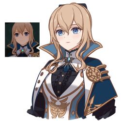 1girl blonde_hair blue_capelet blue_eyes blush brooch capelet genshin_impact highres jean_(genshin_impact) jewelry long_hair mon-chan multiple_views simple_background upper_body white_background