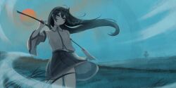 absurdres detached_sleeves field floating_hair gohei grass grasslands green_hair highres holding holding_gohei kochiya_sanae komeiji_koishi looking_at_viewer red_sun silhouette sun sutorobo72 touhou wind wind_lift