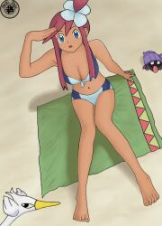 1girl adapted_costume arm_at_side armpit_crease artist_logo barefoot beach bikini blue_bikini blue_eyes breasts cleavage collarbone day eyelashes fankifalu feet female_focus fingernails focused from_above front-tie_bikini_top front-tie_top full_body gen_1_pokemon gen_5_pokemon gym_leader hair_between_eyes hair_bun hair_ornament hand_up highres knees_together_feet_apart large_breasts legs logo long_hair long_sidelocks looking_afar midriff navel nintendo open_mouth orange_hair outdoors pokemon pokemon_(creature) pokemon_bw shellder sidelocks sitting skyla_(pokemon) summer swanna swept_bangs swimsuit tan thighs toenails toes