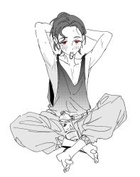 1boy blush bottle full_body greyscale gundam gundam_gquuuuuux hair_tie_in_mouth highres looking_at_viewer male_focus monochrome mouth_hold nuts_nekohige pants short_hair shuji_ito simple_background sitting sleeveless solo spot_color sweat tank_top white_background