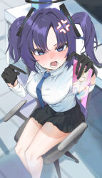 1girl 966_kururu_966 absurdres anger_vein asuna_(blue_archive) asuna_(bunny)_(blue_archive) black_gloves black_halo black_skirt blue_archive blue_necktie blush breasts chair collared_shirt commentary gloves hair_ornament halo highres holding holding_photo large_breasts mechanical_halo miniskirt necktie nose_blush office_chair photo_(object) pleated_skirt purple_eyes purple_hair shirt sitting skirt solo swivel_chair triangle_hair_ornament two_side_up white_shirt yuuka_(blue_archive)