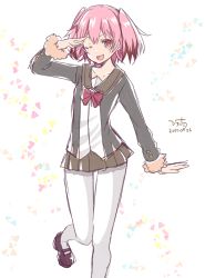 Rule 34 | &gt;;d, 1girl, ;d, brown hair, colored tips, cowboy shot, dated, female focus, fur-trimmed sleeves, fur trim, green skirt, hair between eyes, hiroichi, jacket, kantai collection, kunashiri (kancolle), loafers, long sleeves, multicolored hair, neck ribbon, one eye closed, open mouth, orange eyes, pantyhose, pink hair, pleated skirt, red ribbon, ribbon, salute, school uniform, serafuku, shoes, signature, skirt, smile, solo, two-tone hair, two side up, v-shaped eyebrows, white pantyhose