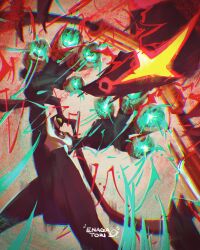 Rule 34 | 2boys, absurdres, alien, ben 10, ben 10: omniverse, black skin, chromatic aberration, colored skin, commentary, electricity, enagatori 38, energy, energy ball, english commentary, feedback (ben 10), fighting, glowing, green eyes, grin, highres, leotard, malver (ben 10), multiple boys, no humans, omnitrix, open mouth, signature, smile, solo, teeth, upside-down, weapon, white leotard