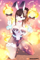 1girl animal_ears bare_shoulders black_hair bow bowtie breasts cleavage commentary detached_collar en&#039;en_no_shouboutai english_commentary fake_animal_ears finger_gun fire fishnet_thighhighs fishnets gloves highres hot_vr kneeling large_breasts leotard light_smile long_hair maki_oze pantyhose playboy_bunny ponytail purple_eyes rabbit_ears sidelocks single_thighhigh solo sparks thighhighs white_gloves wrist_cuffs