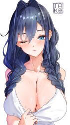 1girl absurdres bare_shoulders blue_eyes blue_hair blush breasts cleavage commentary drill_hair english_commentary highres hololive hololive_english large_breasts long_hair looking_at_viewer one_eye_closed ouro_kronii shirt simple_background sleeveless sleeveless_shirt smile solo sweat takoroki twin_drills upper_body virtual_youtuber white_background white_shirt