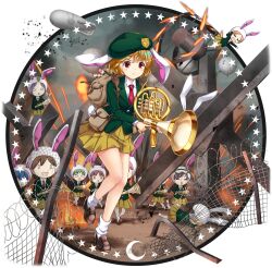 6+girls aircraft alternate_costume alternate_headwear animal_ears animal_print backpack bag beret blonde_hair blue_hair brown_hair brown_shoes closed_eyes closed_mouth collared_shirt dango dirigible fire floppy_ears food full_body game_cg green_hair green_jacket grey_hair hat helmet highres holding holding_weapon jacket loafers looking_at_viewer lunatic_gun military_uniform mitarashi_dango moon_rabbit moon_rabbit_extra_(touhou) multiple_girls necktie official_art open_mouth pleated_skirt rabbit_ears rabbit_girl rabbit_print rabbit_tail red_eyes red_necktie ringo_(eagle_ravi_special_forces)_(touhou) ringo_(touhou) rotte_(1109) sanshoku_dango shirt shoes short_hair skewer skirt smile socks solo_focus star_(symbol) tail third-party_source touhou touhou_lostword transparent_background v-shaped_eyes wagashi weapon white_shirt white_socks x_x yellow_skirt