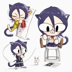 :3 absurdres animal_ears black_hair bleach blue_skirt body_pillow bow cat_ears cat_girl cat_tail collared_shirt cosplay dakimakura_(object) highres hugging_object kuchiki_rukia kuchiki_rukia_(cosplay) kurosaki_ichigo mouse_(animal) multiple_views neco-arc pajamas pillow pillow_hug pleated_skirt red_bow shirt short_hair sitting skirt slit_pupils stool tail tsukihime waligner white_shirt yellow_pajamas