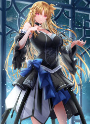 Rule 34 | 1girl, alternate costume, black dress, black sleeves, blonde hair, breasts, cleavage, closed mouth, collarbone, commentary request, detached sleeves, dress, fate testarossa, halter dress, halterneck, hands up, highres, large breasts, long hair, looking at viewer, lyrical nanoha, mahou shoujo lyrical nanoha strikers, night, paid reward available, parted bangs, sky, solo, sougetsu izuki, standing, star (sky), starry sky, very long hair, window