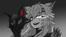 absurdres animal_ear_fluff animal_ears arknights black_jacket chez_(m4hche3zy) commentary commission english_commentary fur-trimmed_jacket fur_trim gloves greyscale hair_ornament hairclip highres holding holding_mask jacket lappland_(arknights) lappland_the_decadenza_(arknights) long_hair mask monochrome open_mouth parallel_hairclips scar scar_across_eye scar_on_face sharp_teeth smile spot_color teeth unworn_mask upper_teeth_only white_hair wolf_mask