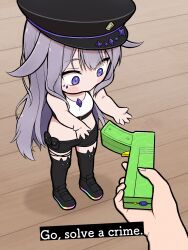Rule 34 | 1girl, 1other, black footwear, black hat, black shorts, black thighhighs, crop top, go do a crime (meme), gun, handgun, hat, highres, hololive, hololive english, hololive grand theft auto, koseki bijou, long hair, meme, peaked cap, police hat, purple eyes, purple hair, sanwanton, short shorts, shorts, thighhighs, virtual youtuber, weapon