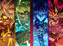 4boys black_hair blonde_hair card commentary dark-skinned_male dark_skin earrings english_commentary gilford_the_lightning hair_between_eyes highres holding holding_card jewelry jonouchi_katsuya kaiba_seto looking_at_viewer male_focus millennium_puzzle multicolored_hair multiple_boys obelisk_the_tormentor open_mouth osiris_the_sky_dragon parody red_hair sonic1nstinct teeth the_winged_dragon_of_ra upper_body yami_marik yami_yugi yu-gi-oh! yu-gi-oh!_duel_monsters