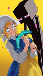 Rule 34 | 1girl, @ @, absurdres, alex (minecraft), apron, blonde hair, blue dress, blue eyes, dress, enderman, hair between eyes, highres, long sleeves, minecraft, nervous smile, nervous sweating, scared, shirt, sleeveless, sleeveless dress, smile, sweat, waist apron, white headdress, white shirt, yasaikakiage, yellow apron, yellow background