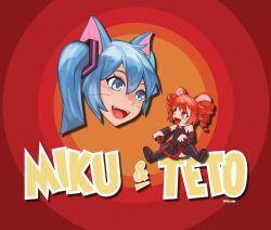 2girls animal_ears black_boots black_skirt blue_eyes blue_hair boots cat_ears cat_girl cosplay detached_sleeves drill_hair hatsune_miku jerry_(tom_and_jerry) jerry_(tom_and_jerry)_(cosplay) kasane_teto mouse_ears mouse_girl multiple_girls open_mouth parody red_eyes red_hair shoe_soles skirt tchairss teeth thigh_boots title_parody tom_(tom_and_jerry) tom_(tom_and_jerry)_(cosplay) tom_and_jerry twin_drills twintails upper_teeth_only utau vocaloid whiskers