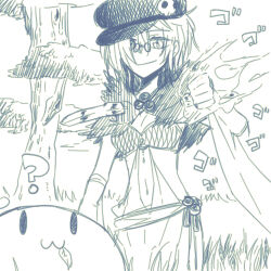 1girl :3 ? argyle_clothes argyle_dress ark_kan breasts cleavage closed_mouth commentary_request cowboy_shot dress fur_collar glasses grass greyscale hat hat_ornament lowres medium_breasts menacing_(jojo) monochrome navel newsboy_cap poring ragnarok_online short_hair skull_hat_ornament sleeveless sleeveless_dress slime_(creature) smile solo sorcerer_(ragnarok_online) tree
