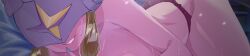 1girl blonde_hair covered_eyes digimon digimon_(creature) finger_marks gerusyu green_helmet helmet helmet_over_eyes highres long_image muted_color nail_polish ofanimon panties parted_lips pink_lips red_panties smile solo topless_female underwear wide_image