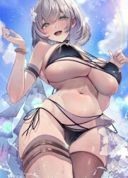 Rule 34 | 1girl, bare shoulders, bikini, black bikini, blue sky, blush, bracelet, breasts, brown thighhighs, cloud, cloudy sky, day, duplicate, flower, green eyes, grey hair, hair flower, hair ornament, hololive, huge breasts, jewelry, looking at viewer, medium hair, navel, omoti (1201208), open mouth, outdoors, shirogane noel, single thighhigh, sky, smile, stomach, swimsuit, teeth, thighhighs, thighs, upper teeth only, virtual youtuber, white flower